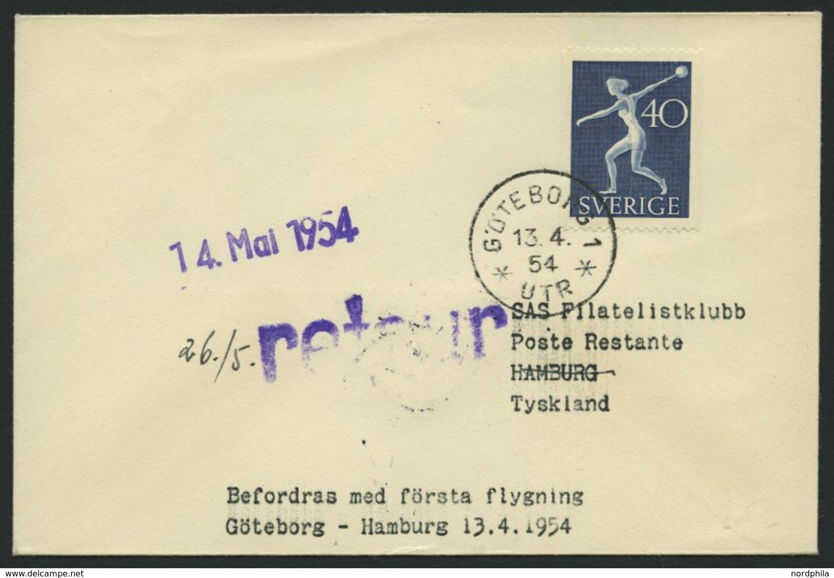 ERST-UND ERÖFFNUNGSFLÜGE 2473 BRIEF, 13.4.54, Göteborg-Hamburg, Schwedische Frankatur, Prachtbrief - Briefe U. Dokumente