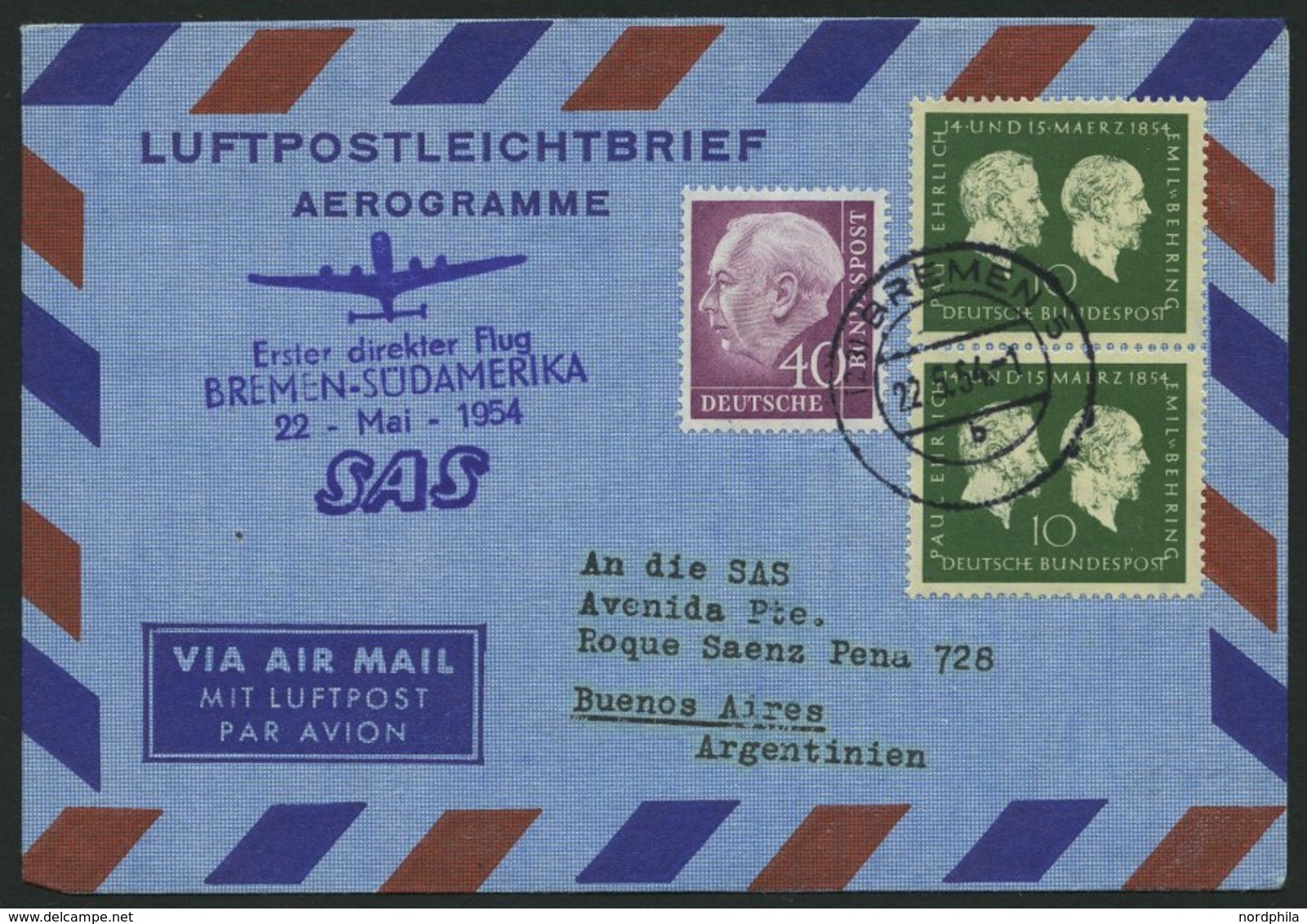 ERST-UND ERÖFFNUNGSFLÜGE 2477 BRIEF, 22.5.54, Bremen-Buenos Aires, Prachtbrief - Storia Postale