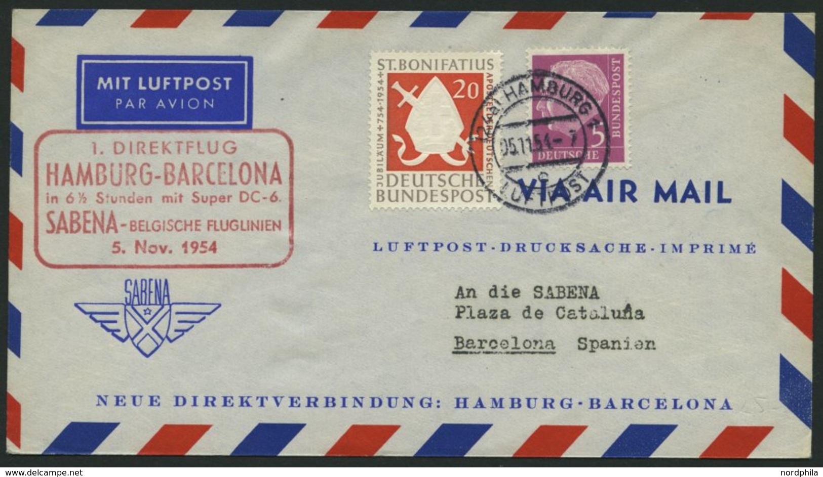 ERST-UND ERÖFFNUNGSFLÜGE 2496 BRIEF, 5.11.54, Hamburg-Barcelona, Prachtbrief - Storia Postale