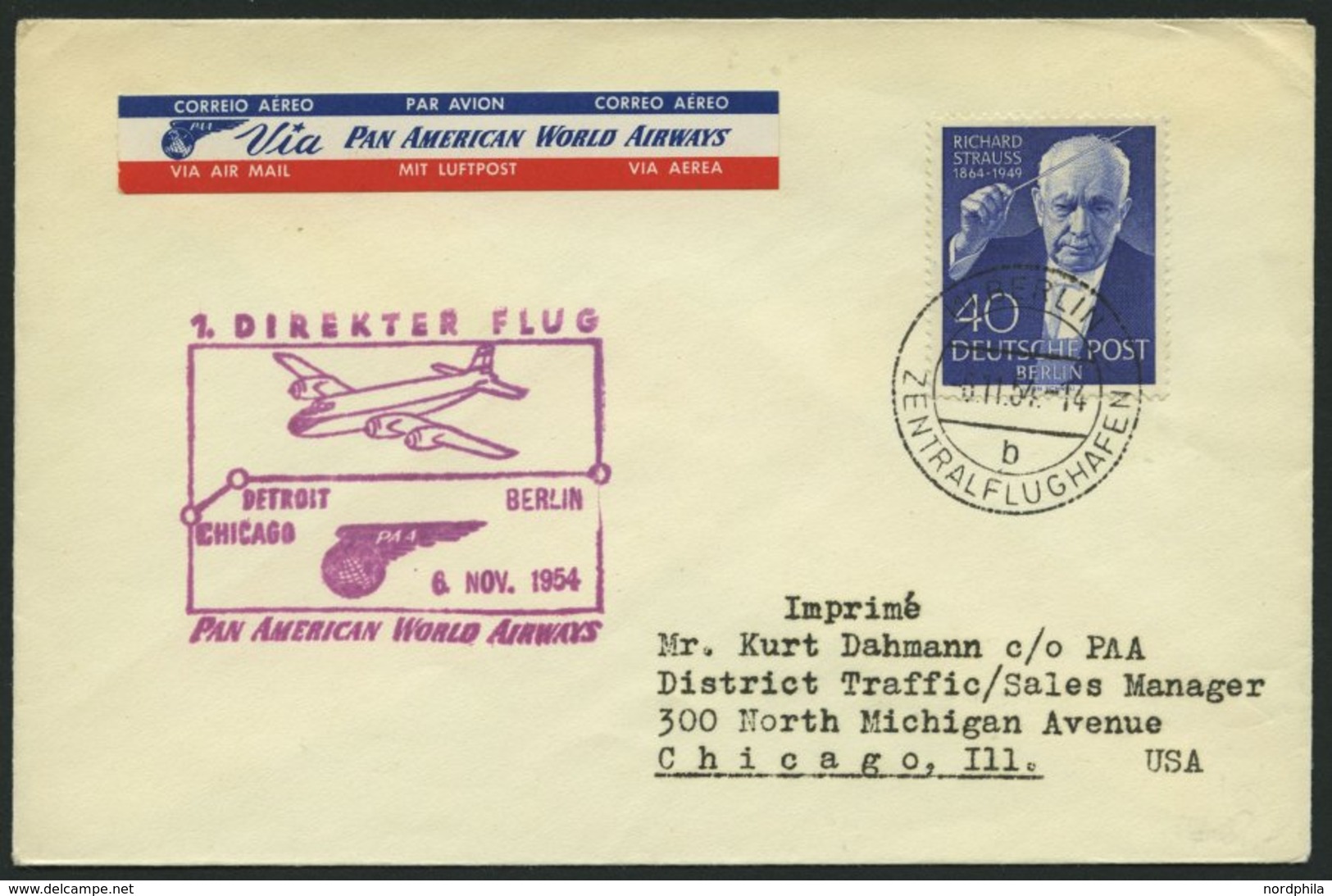 ERST-UND ERÖFFNUNGSFLÜGE 2498 BRIEF, 6.11.54, Berlin-Chicago, Prachtbrief - Storia Postale