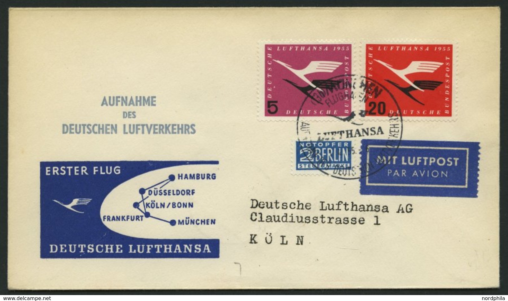 DEUTSCHE LUFTHANSA 7 BRIEF, 1.4.1955, München-Köln/Wahn, Brief Feinst - Gebraucht