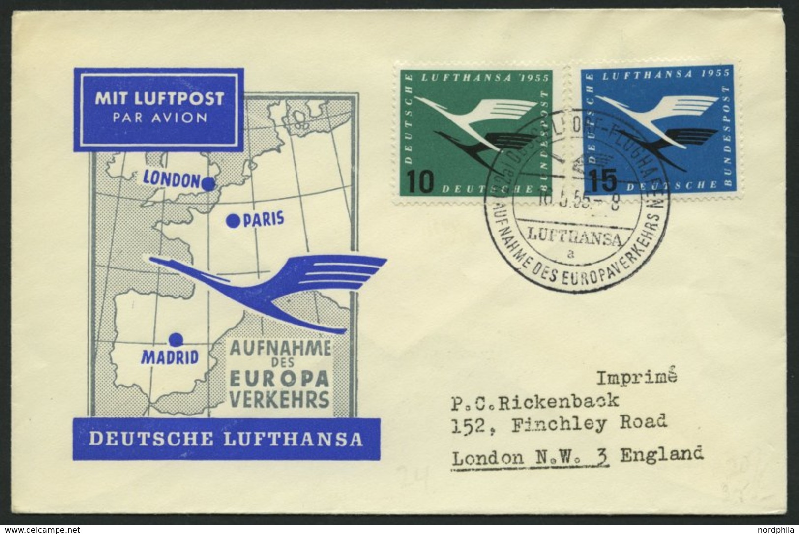 DEUTSCHE LUFTHANSA 24 BRIEF, 16.5.1955, Düsseldorf-London, Prachtbrief - Gebruikt