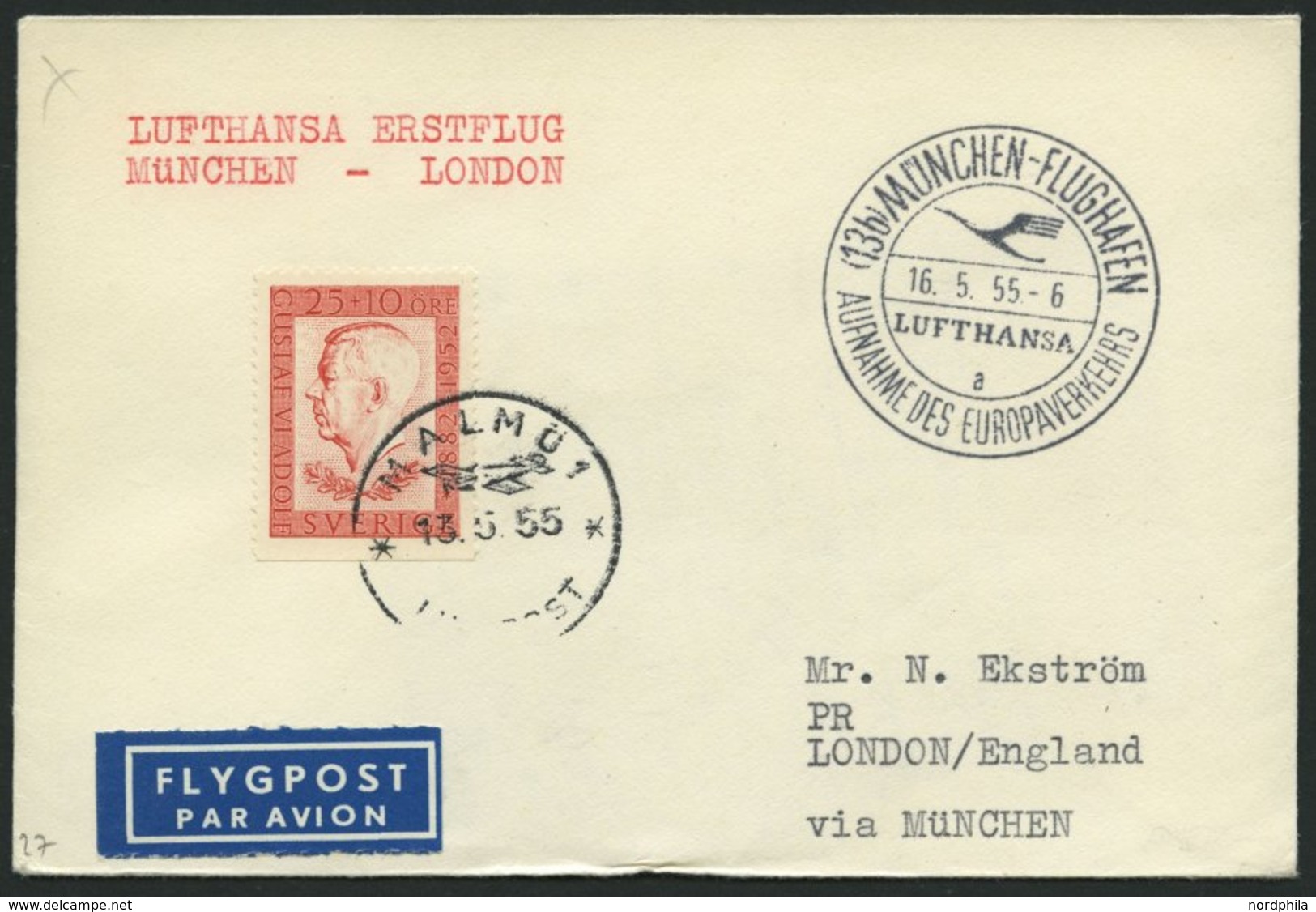 DEUTSCHE LUFTHANSA 27 BRIEF, 16.5.1955, München-London, Brief Aus Schweden, Pracht - Gebraucht