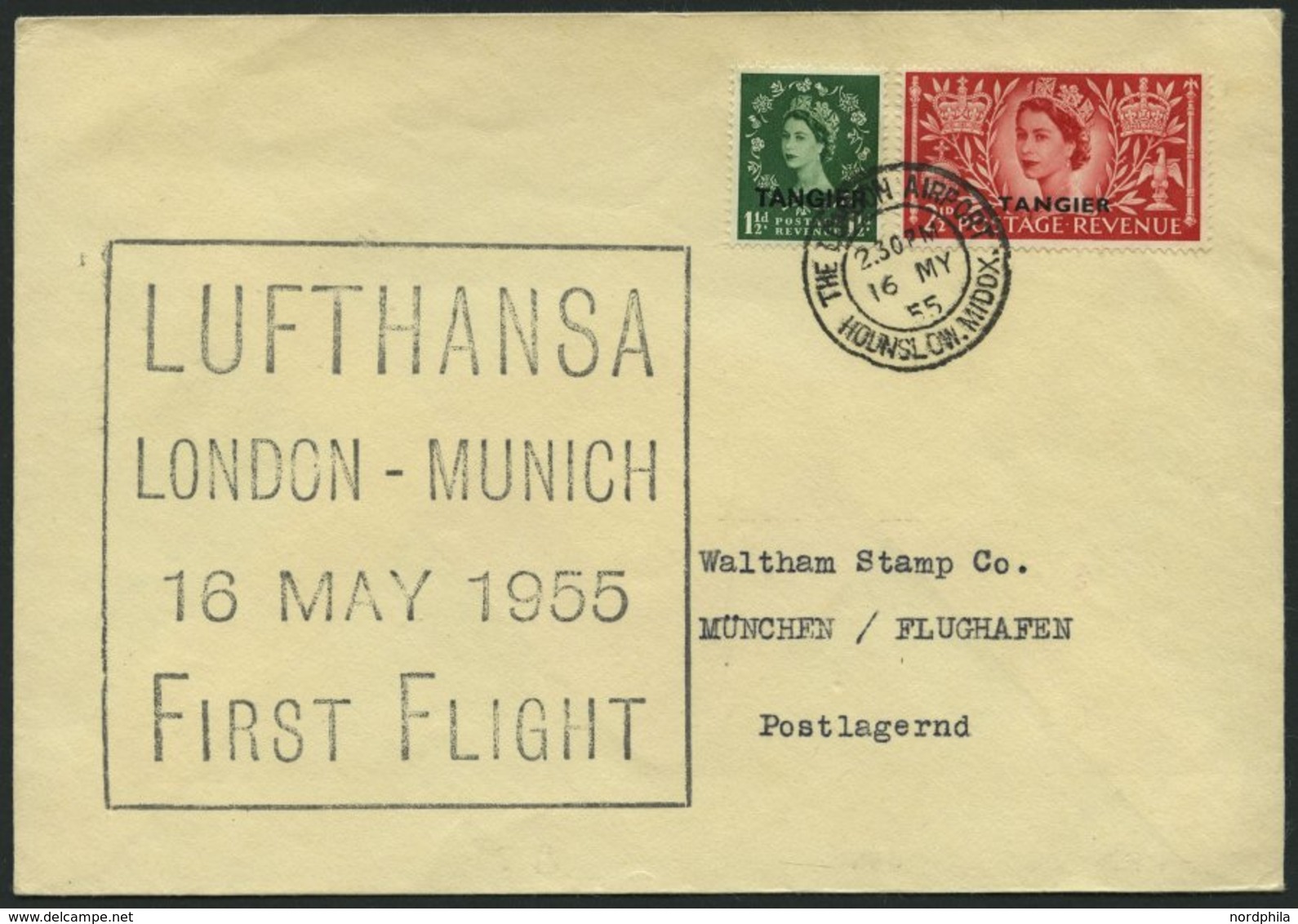 DEUTSCHE LUFTHANSA 29 BRIEF, 16.5.1955, London-München, Schwarz-violetter Stempel, R!, Frankiert Mit Brit.Post In Tanger - Usati