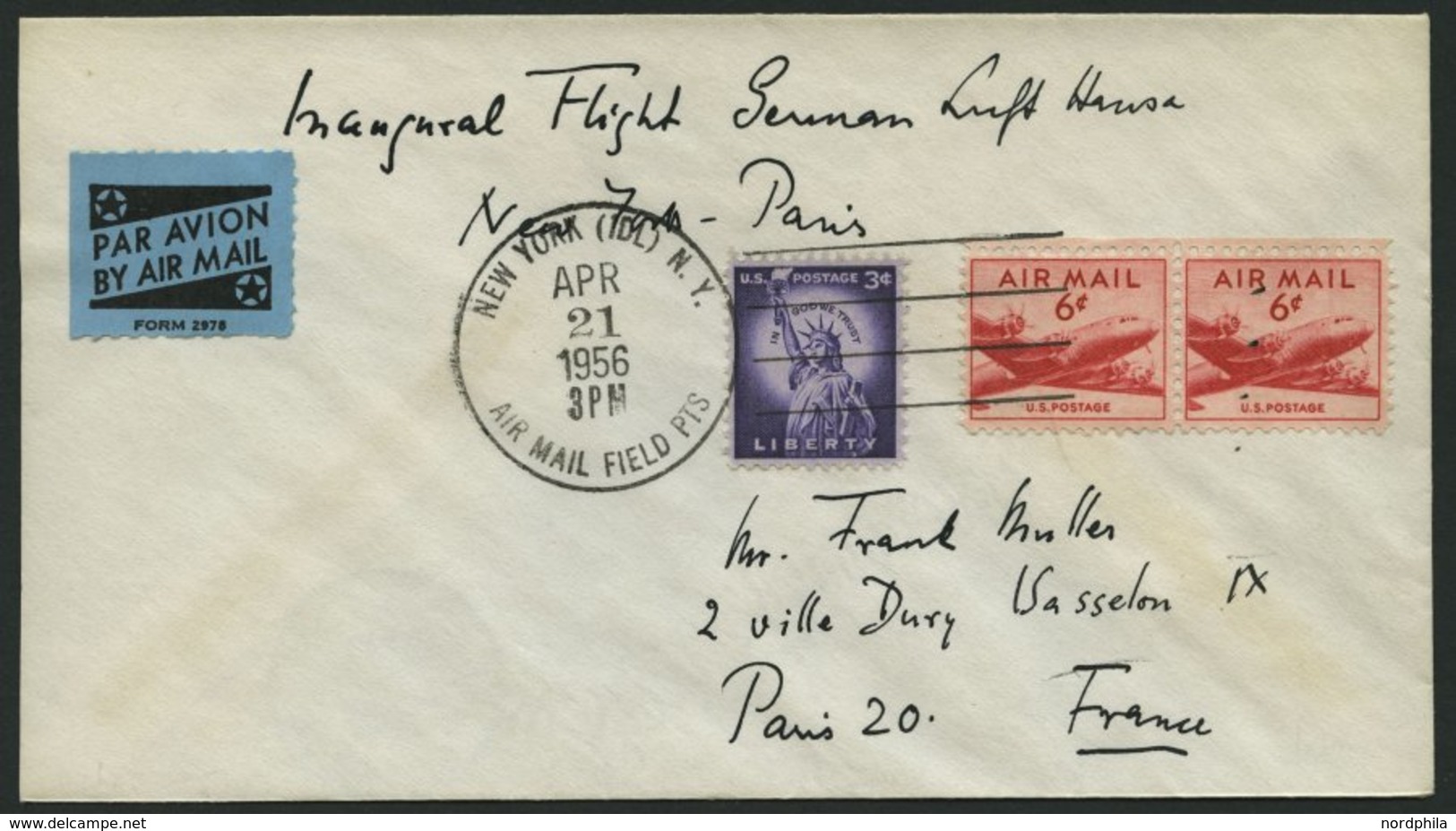 DEUTSCHE LUFTHANSA 60 BRIEF, 23.4.1956, New York-Paris, Prachtbrief - Gebraucht