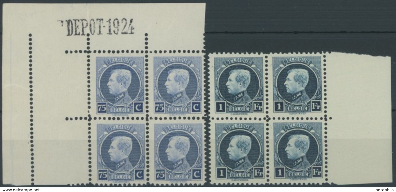 BELGIEN 189/90C VB **, 1924/5, 75 C. Und 1 Fr. König Albert I, Gezähnt C, In Randviererblocks, Postfrisch, Pracht, Mi. ( - Sonstige & Ohne Zuordnung