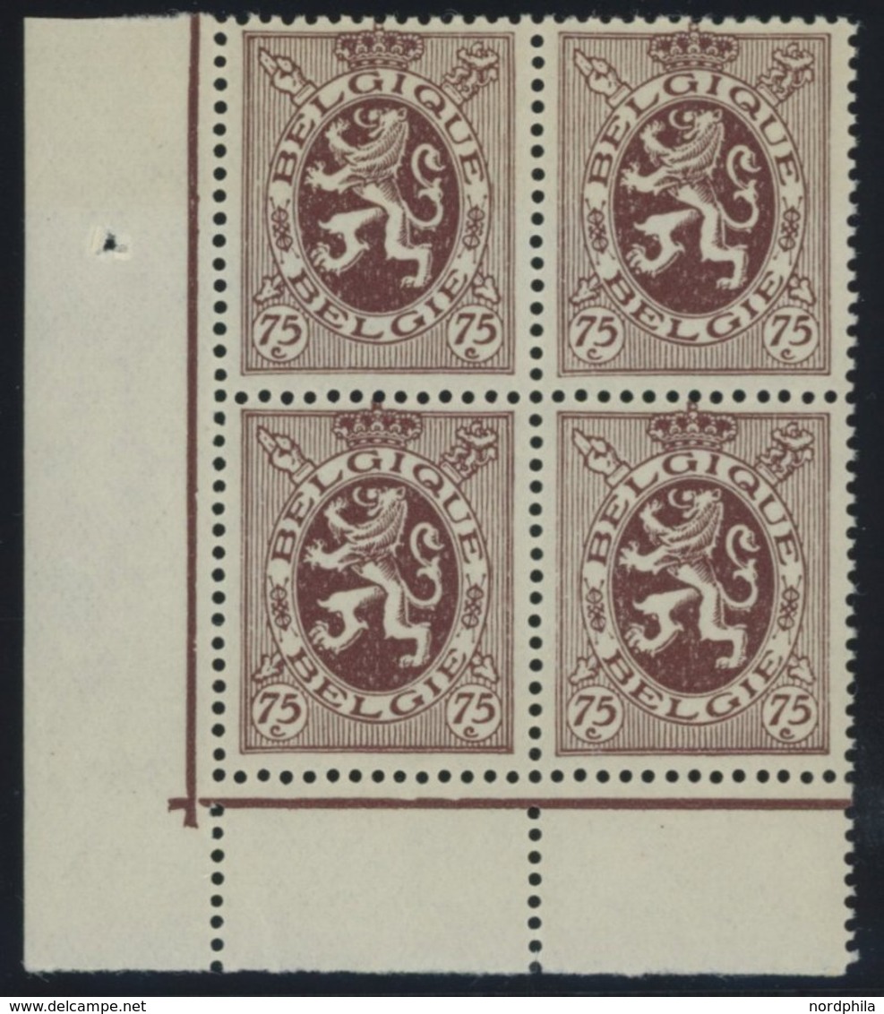 BELGIEN 324 VB **, 1932, 75 C. Rotbraun Im Unteren Linken Eckrandviererblock, Postfrisch, Pracht, Mi. 160.- - Sonstige & Ohne Zuordnung