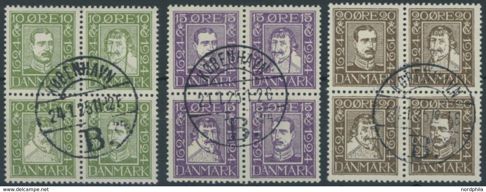 DÄNEMARK 131-42 VB O, 1924, 300 Jahre Dänische Post, 3 Viererblocks, Prachtsatz, Mi. 110.- - Usati