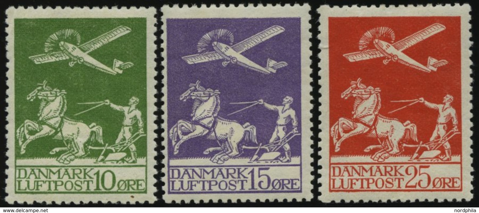 DÄNEMARK 143-45 *, 1925, Flugpost, Falzreste, Prachtsatz - Gebraucht