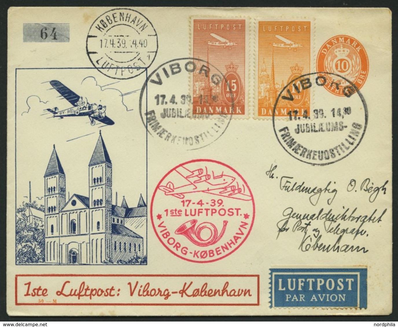 ERSTFLÜGE 17.4.1939, Visberg-Kopenhagen, Numerierter 10 Ø-Ganzsachenumschlag Mit Zusatzfrankatur, Prachtbrief - Sonstige & Ohne Zuordnung