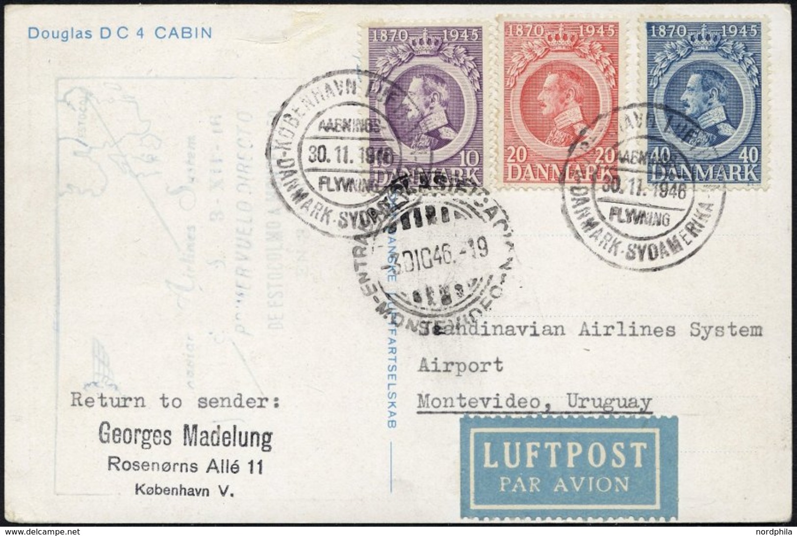 ERSTFLÜGE 286-88 BRIEF, 30.11.1946, Kopenhagen-Montevideo, Prachtkarte, Müller 158 - Sonstige & Ohne Zuordnung