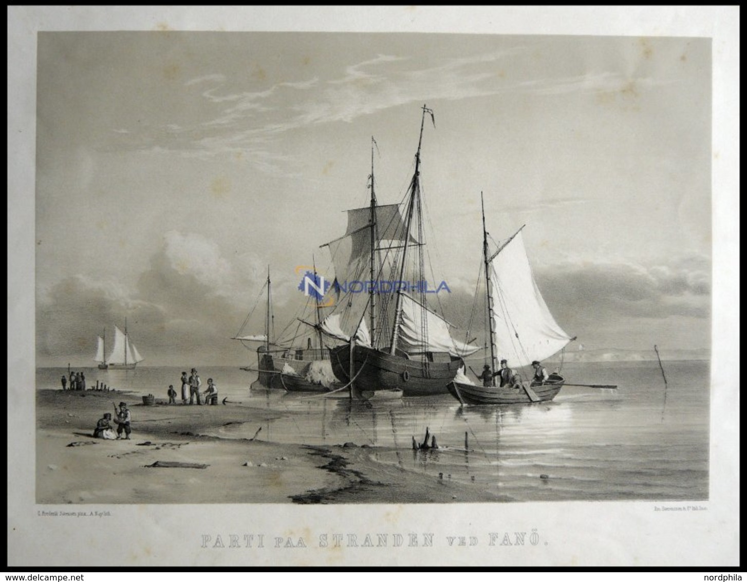 FANÖ (Parti Paa Stranden Ved Fanö), Strandszene Mit Schiffen, Lithographie Mit Tonplatte Von Alexander Nay Nach C. Frede - Litografia