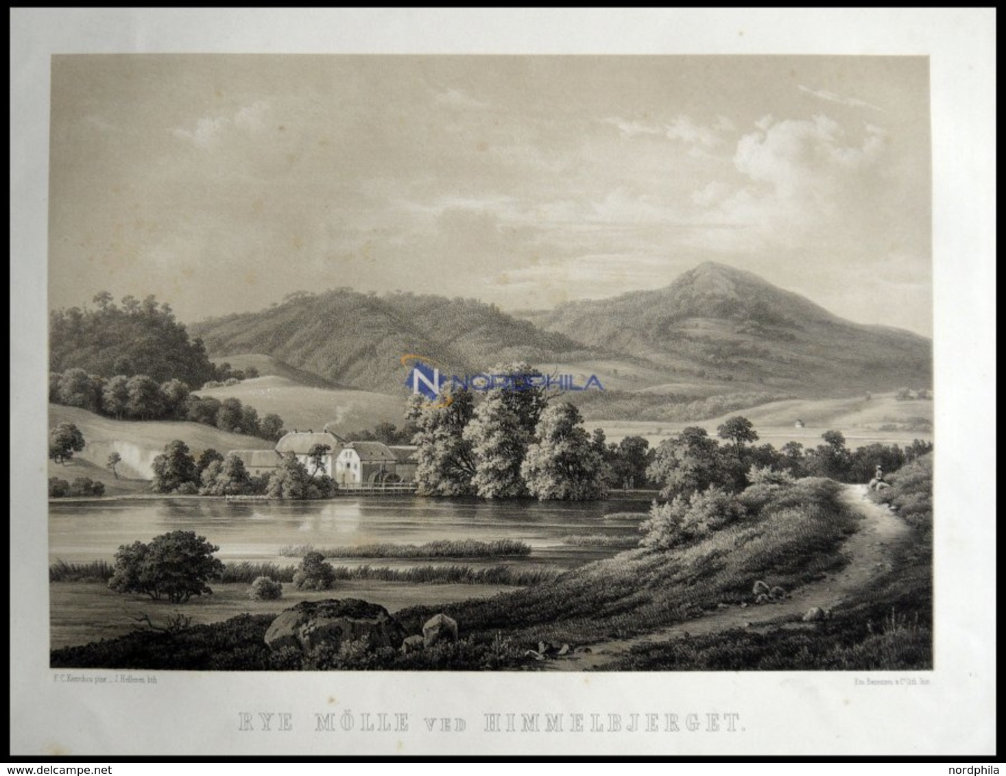 HIMMELBJERGET (Rye Mölle Ved Himmelbjerget), Landschaft Mit Mühle Und Vielen Hügeln, Lithographie Mit Tonplatte Von J. H - Lithographies