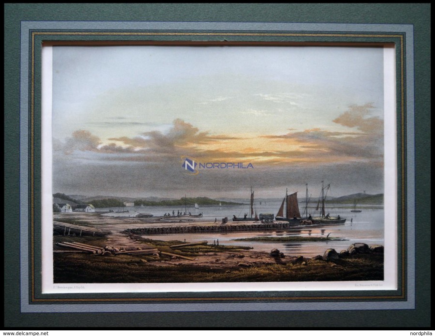 NIBE (Parti Ved Liimfjorden Ved Nibe), Limfjord, Ansicht Mit Fischerhäusern Und Booten, Kolorierte Lithographie Mit Tonp - Lithographien