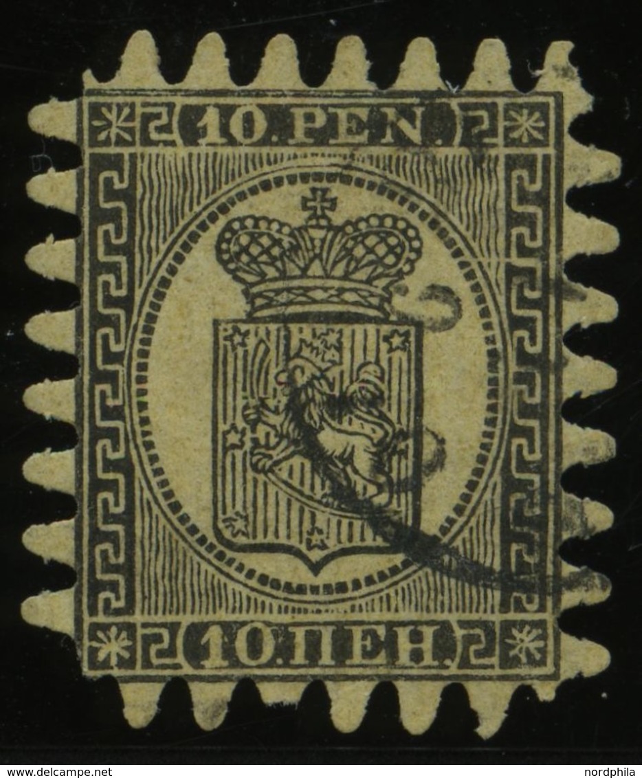 FINNLAND 7Bx O, 1866, 10 P. Schwarz Auf Gestreiftem Sämischem Papier, Eine Verkürzte Zunge, Pracht - Autres & Non Classés