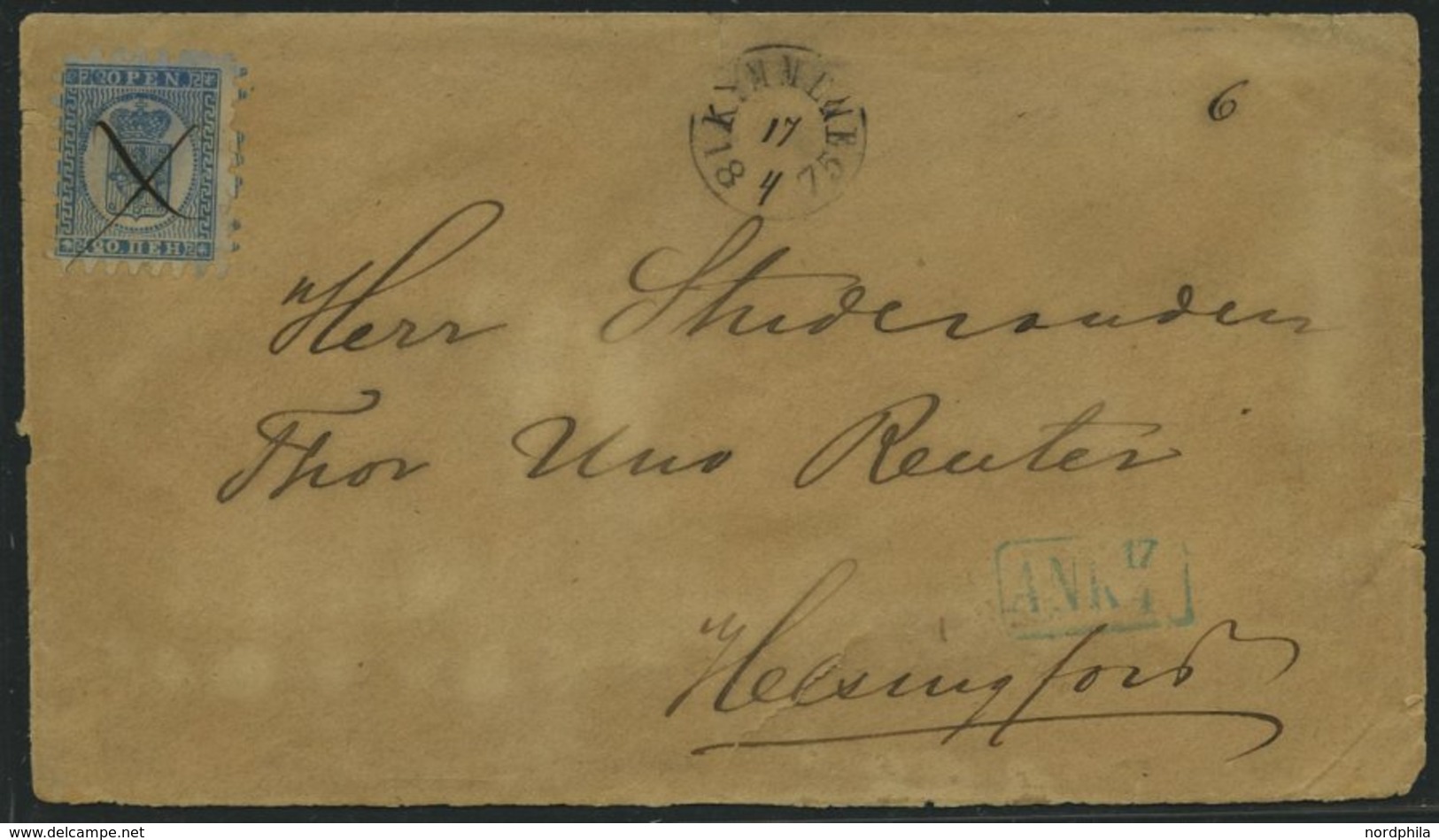 FINNLAND 8B BRIEF, 1875, 20 P. Blau Mit Federkreuz Auf Brief Nach Helsingfors, Seltener Nebenstempel KYMMENE Mit Handsch - Sonstige & Ohne Zuordnung