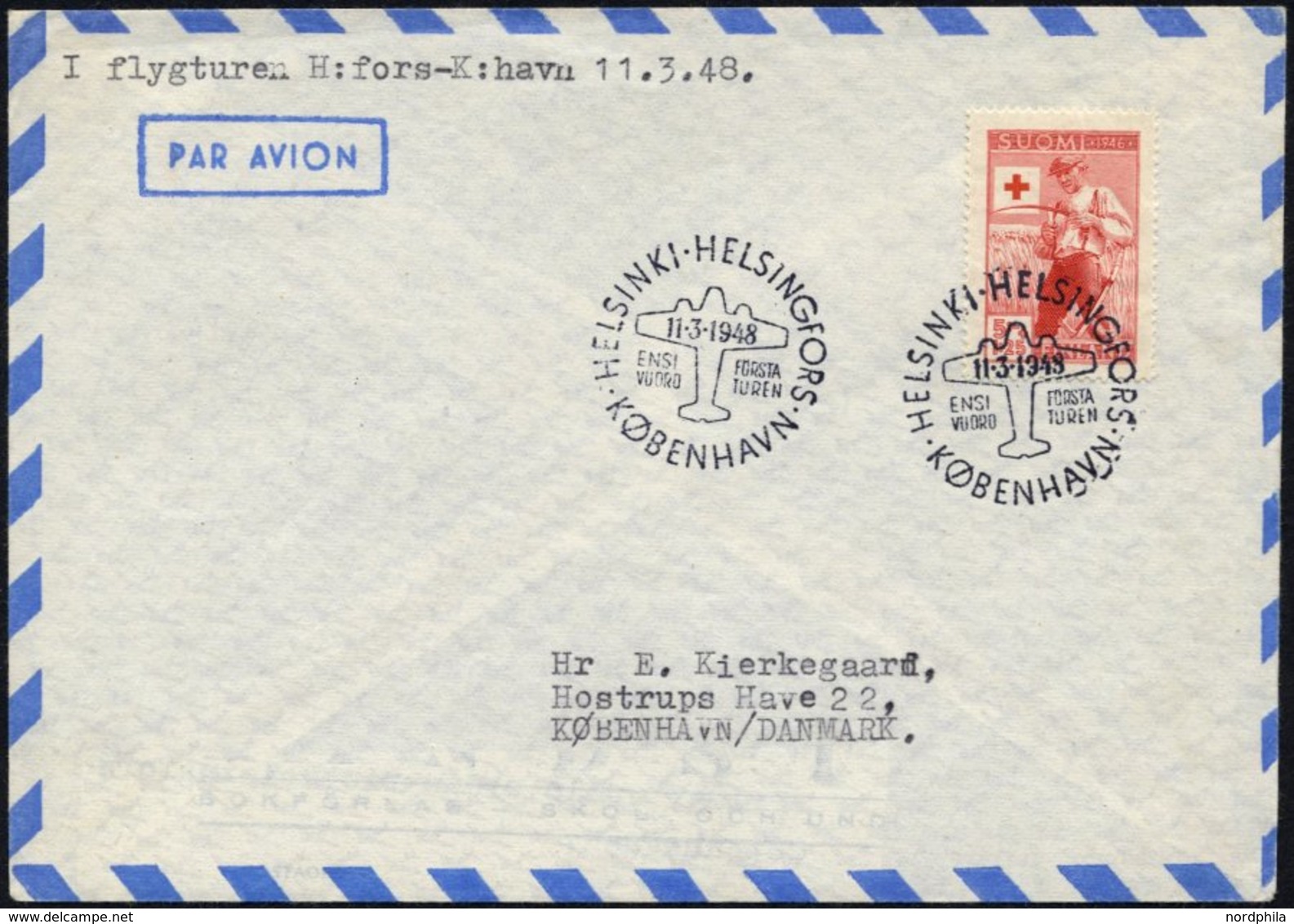 FINNLAND 322 BRIEF, 11.3.48, Erstflug HELSINKI-KOPENHAGEN, Pracht, Müller 58 - Sonstige & Ohne Zuordnung