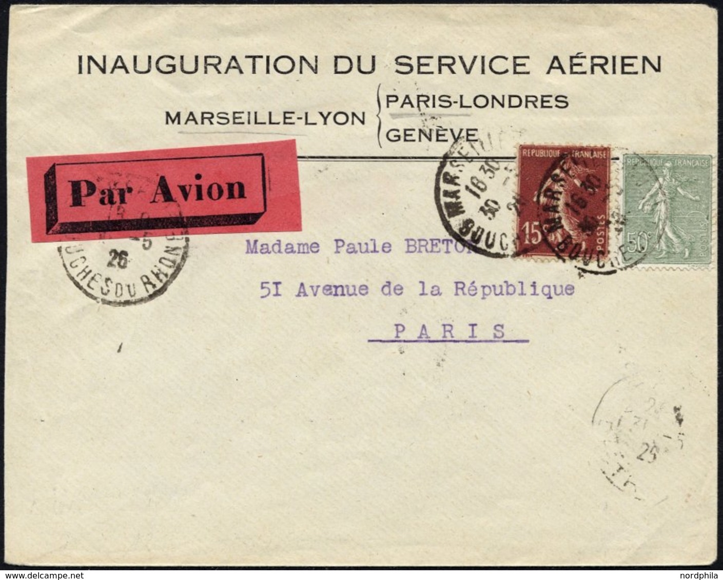 FRANKREICH 109,184 BRIEF, 31.5.26, Erstflug MARSEILLE-PARIS, Nur 50 Belege Geflogen!, Pracht, R!, Müller 143 - Sonstige & Ohne Zuordnung