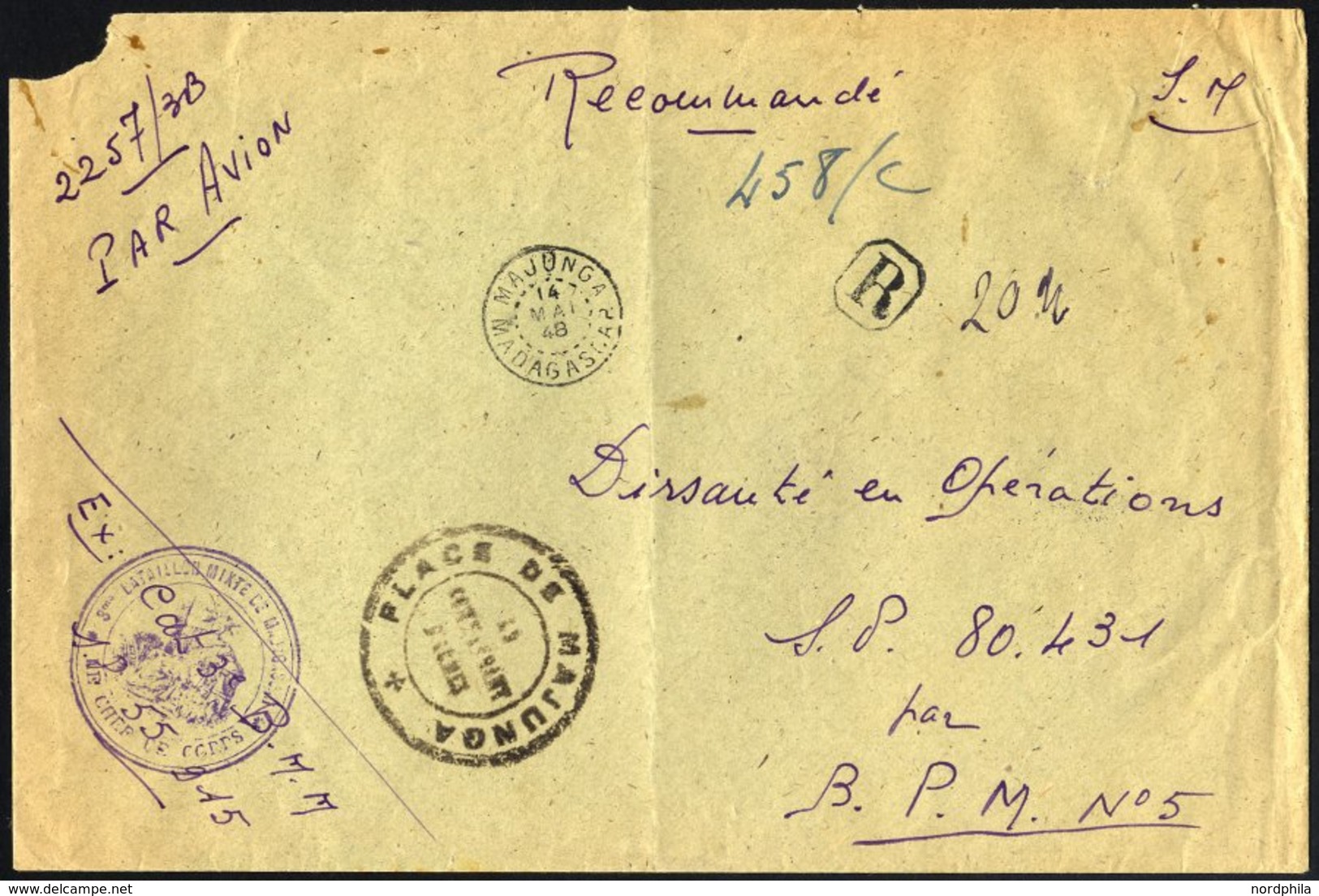 FRANKREICH FELDPOST 1948, K2 3. BATAILLON MIXTE DE MADAGASKAR Auf Eingeschriebenem Luftpost-Militär-Dienstbrief Aus Maju - Kriegsmarken