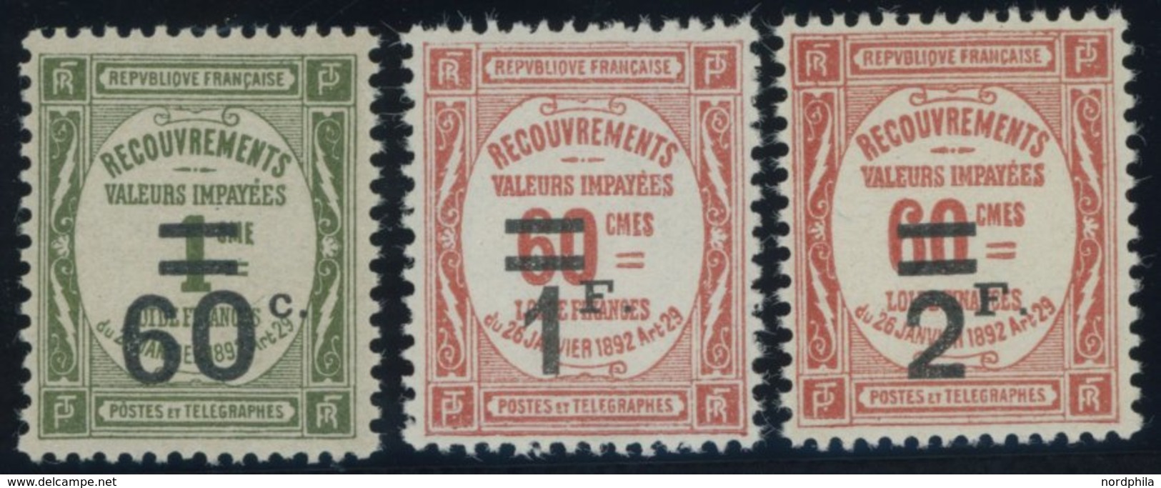 1926, 60 C. Auf 1 Fr. - 2 Fr. Auf 60 C., Postfrisch, 3 Prachtwerte, Mi. 59.- -> Automatically Generated Translation: 192 - Segnatasse