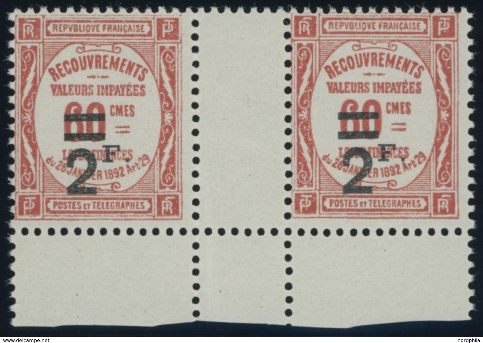 1926, 2 Fr. Auf 60 C. Ziegelrot Im Waagerechten Zwischenstegpaar, Postfrisch, Pracht -> Automatically Generated Translat - Timbres-taxe