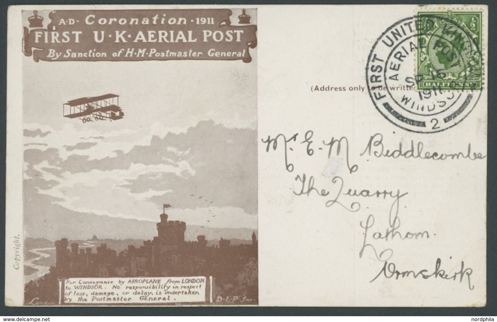 1911,  1/2 P. König Georg V Auf Sonderkarte First U.K. AERIAL POST Mit Instruktionen Und Spendendank-Zudruck, Feinst ->  - Altri & Non Classificati