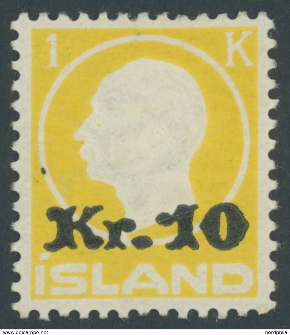 ISLAND 111 *, 1924, 10 Kr. Auf 1 Kr. Gelb, Falzrest, Pracht - Sonstige & Ohne Zuordnung