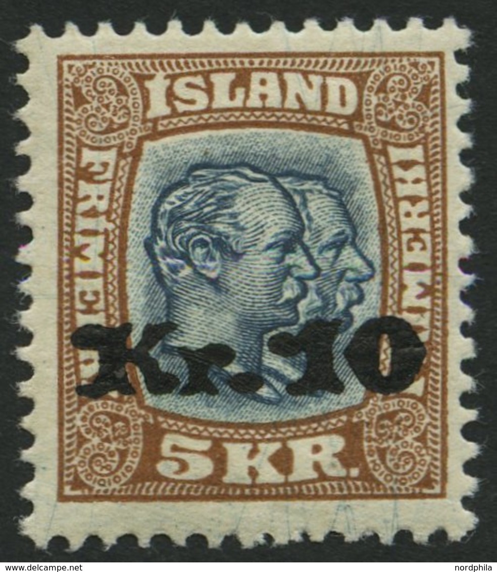 ISLAND 141 *, 1930, 10 Kr. Auf 5 Kr. Doppelportrait, Falzrest, Pracht, Signiert Zumstein - Sonstige & Ohne Zuordnung