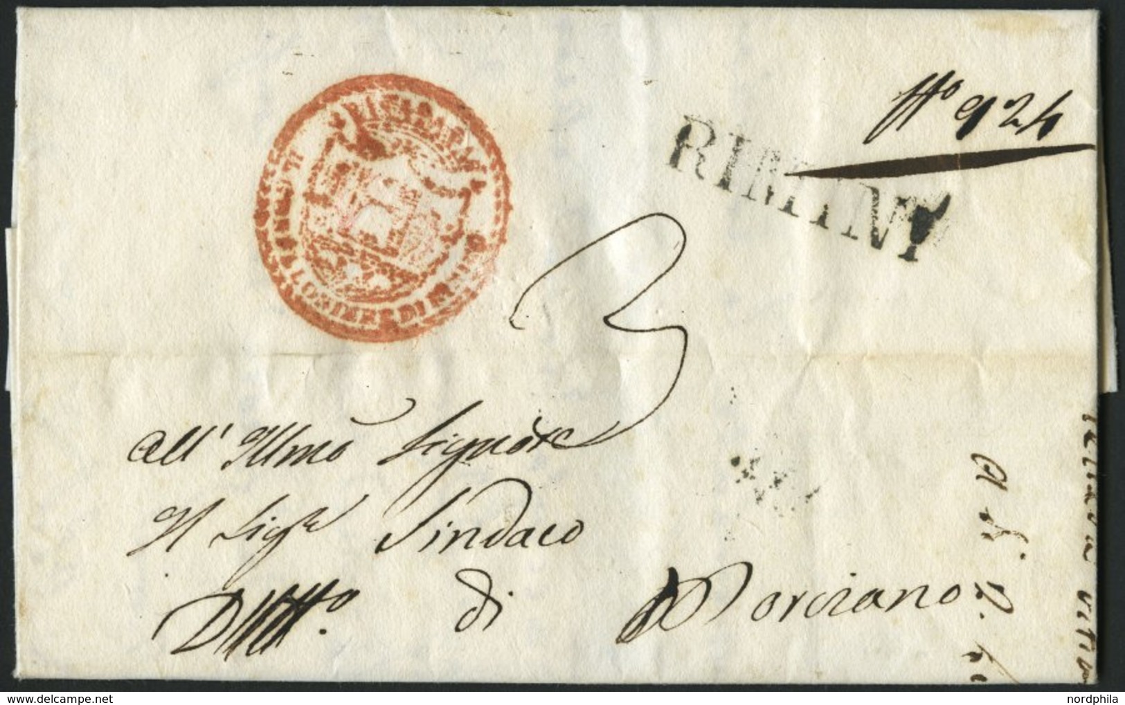 VORPHILA 1829, RIMINI, L1, Rückseitiger L2 28 GIVGNO, Dazu Dekorativer Roter Absenderstempel, Pracht - 1. ...-1850 Vorphilatelie