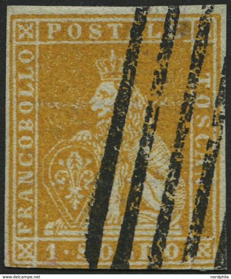 TOSCANA 2y O, 1853, 1 So. Gelb, Graublaues Papier, Unten Lupenrandig Sonst Allseits Sehr Breit Gerandet, Farbfrisches Pr - Toscana