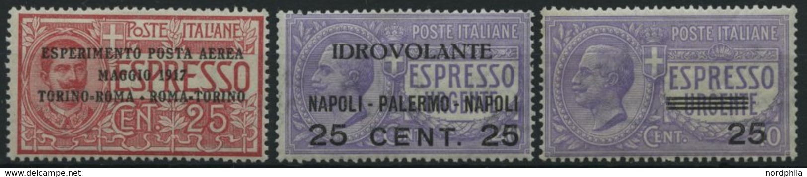 ITALIEN 126-28 *, 1917, Flugpostmarken Und Eilmarke, Falzrest, 3 Prachtwerte, Mi. 60.- - Gebraucht