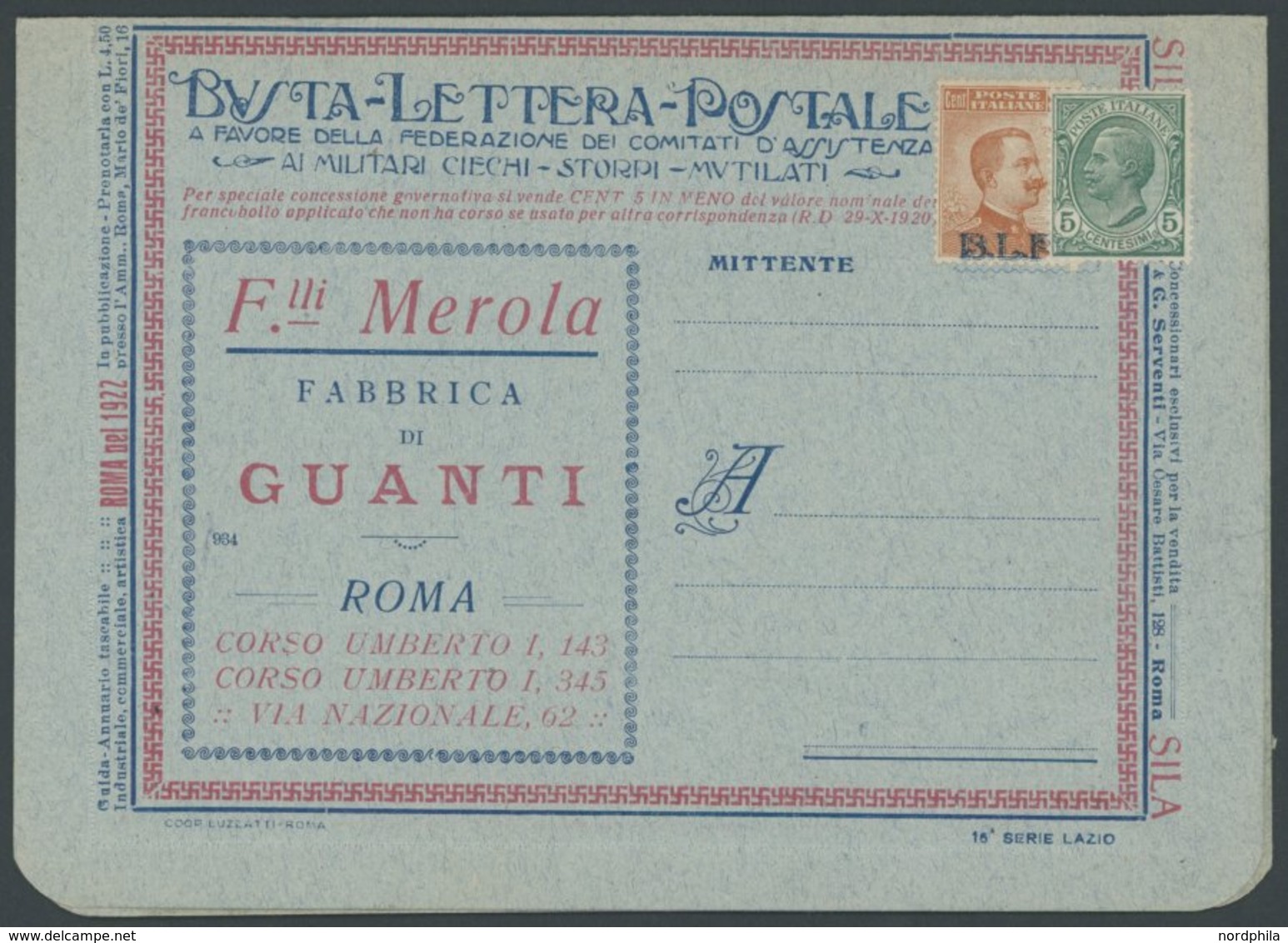 ITALIEN B 129IIa BRIEF, 1922, 20 C. Braunorange, Type II, Mit Blauem Aufdruck B.L.P. Und 5 C. Beifrankatur Auf Ungebrauc - Usati