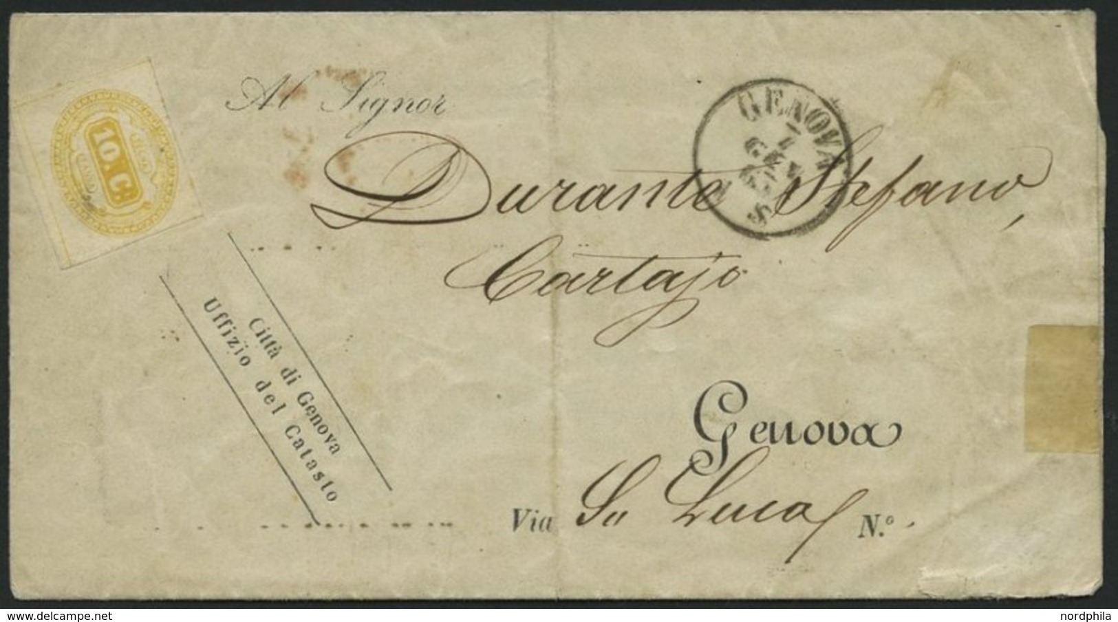 PORTOMARKEN P 1a BRIEF, 1863, 10 C. Gelb Auf Dienstbrief Mit K1 GENOVA, Pracht - Portomarken