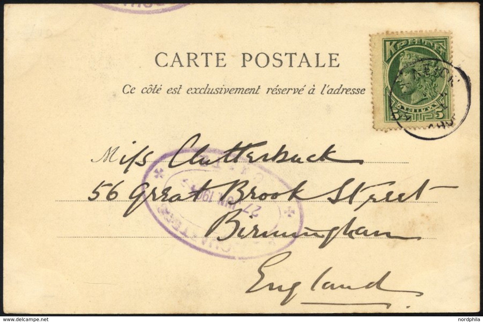 KRETA 2 BRIEF, 1904, 5 L. Grün Auf Feldpostkarte Mit Violettem Ovalstempel Des Hauptquartiers HEADQURTERS-CRETE (Datum), - Kreta