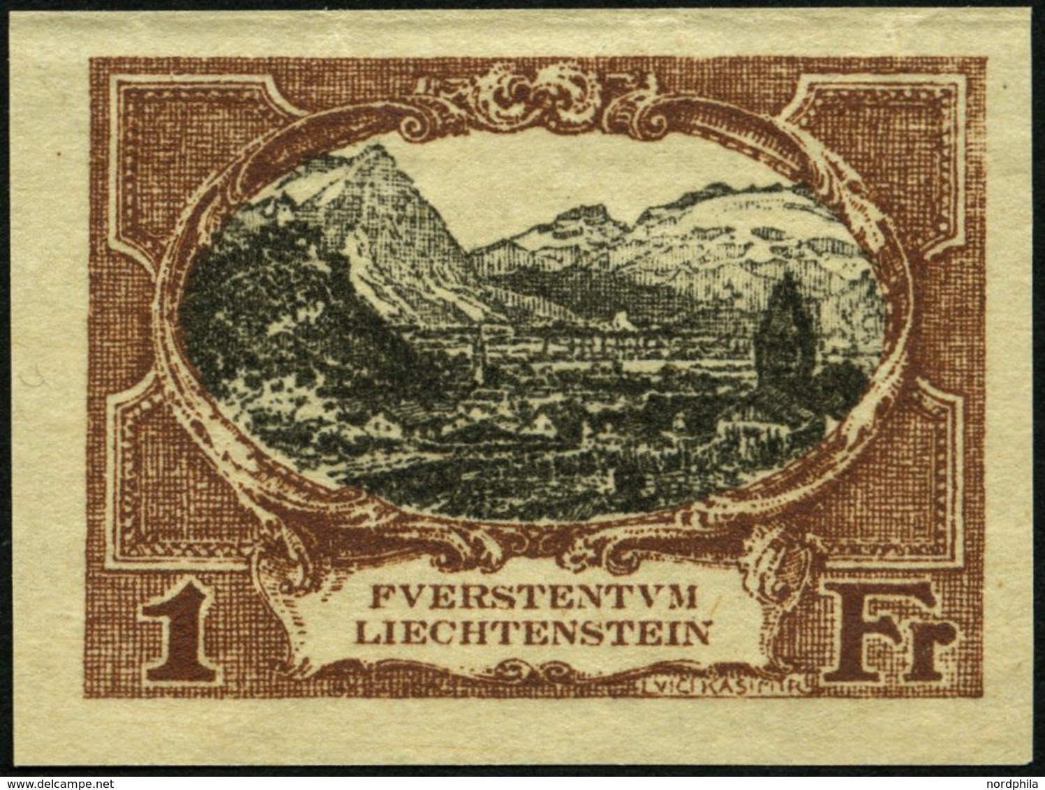 LIECHTENSTEIN 60P1 (*), 1921, 1 Fr., Ungezähnte Farbprobe In Braun, Ohne Gummi, Pracht, Fotoattest Marxer (Kopie Eines E - Autres & Non Classés