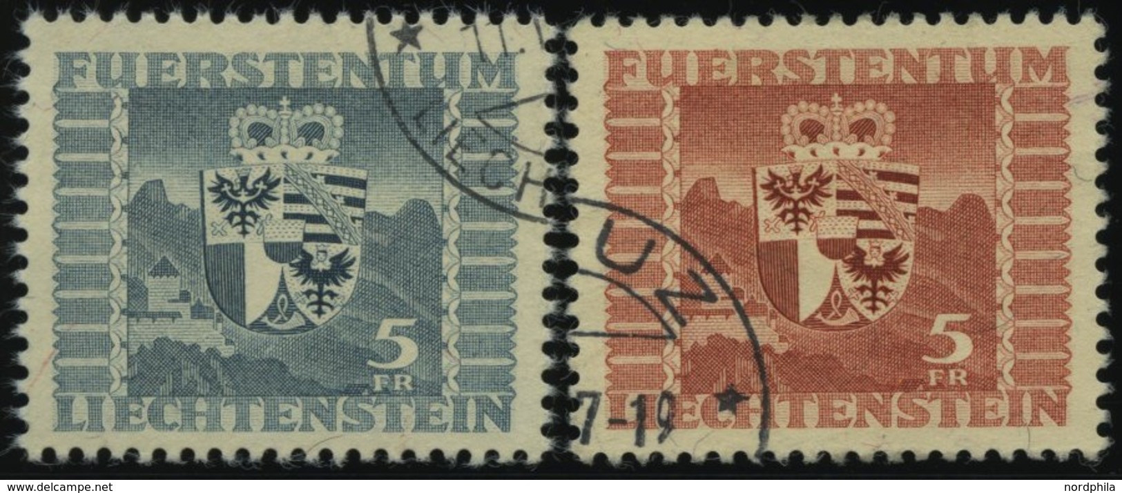 LIECHTENSTEIN 243,252 O, 1945/7, 5 Fr. Wappen, 2 Prachtwerte, Mi. 105.- - Sonstige & Ohne Zuordnung