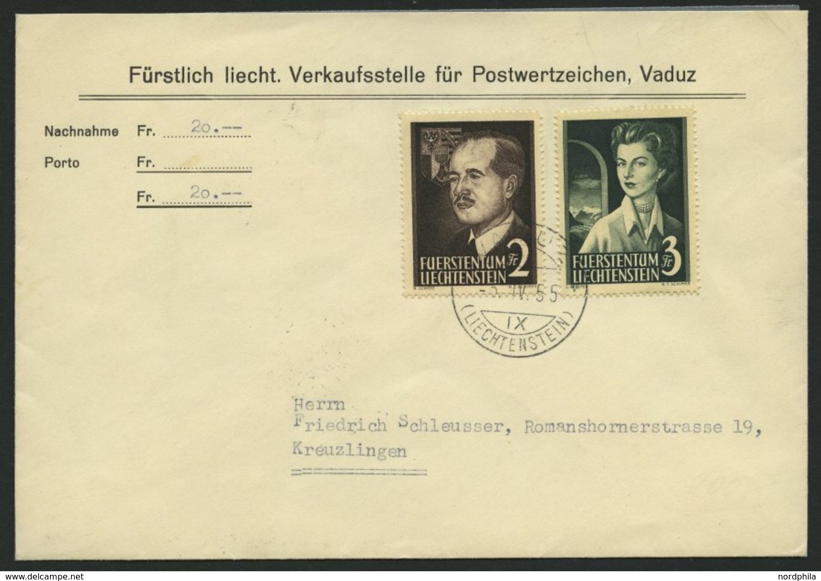 LIECHTENSTEIN 332/3 BRIEF, 1955, Fürstenpaar Auf FDC, Nachnahmebrief, Pracht, Mi. 600.- - Sonstige & Ohne Zuordnung