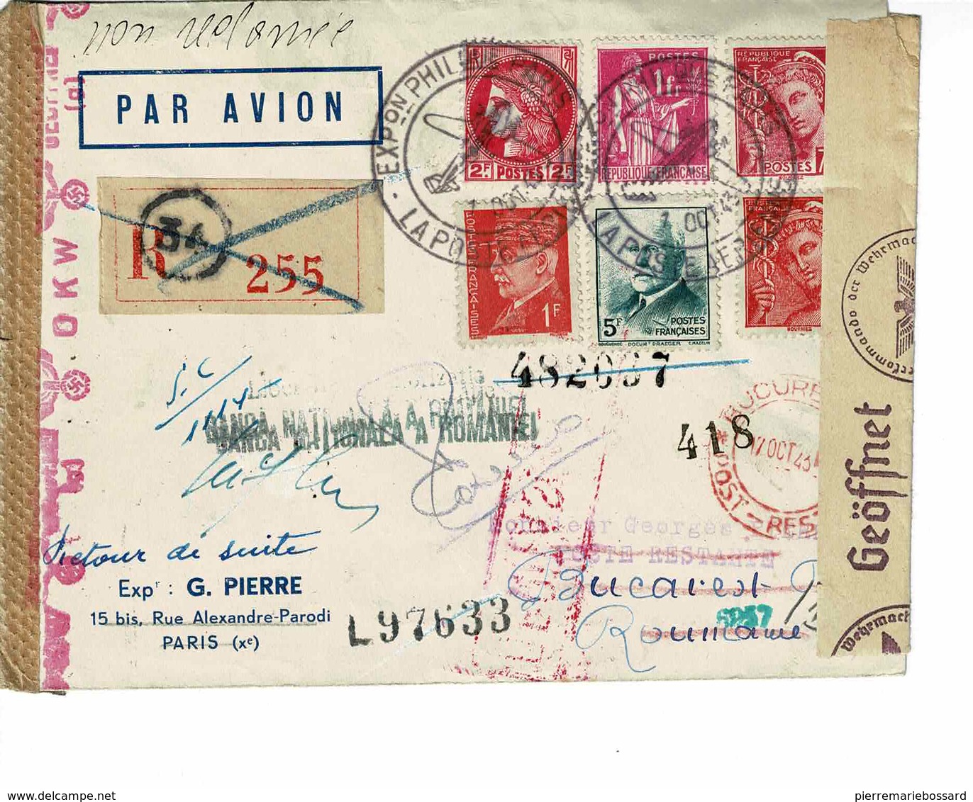 AVIATION , EXPO AERIENNE GALLERIA PHIL OCTOBRE 1943, FRANCE-BUCAREST , R255 CACHET 34, CENSURE ALLEMANDE - Lettres & Documents