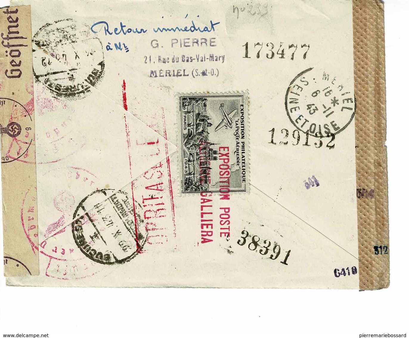 AVIATION , EXPO AERIENNE GALLERIA PHIL OCTOBRE 1943, FRANCE-BUCAREST , R255 CACHET 34, CENSURE ALLEMANDE - Lettres & Documents