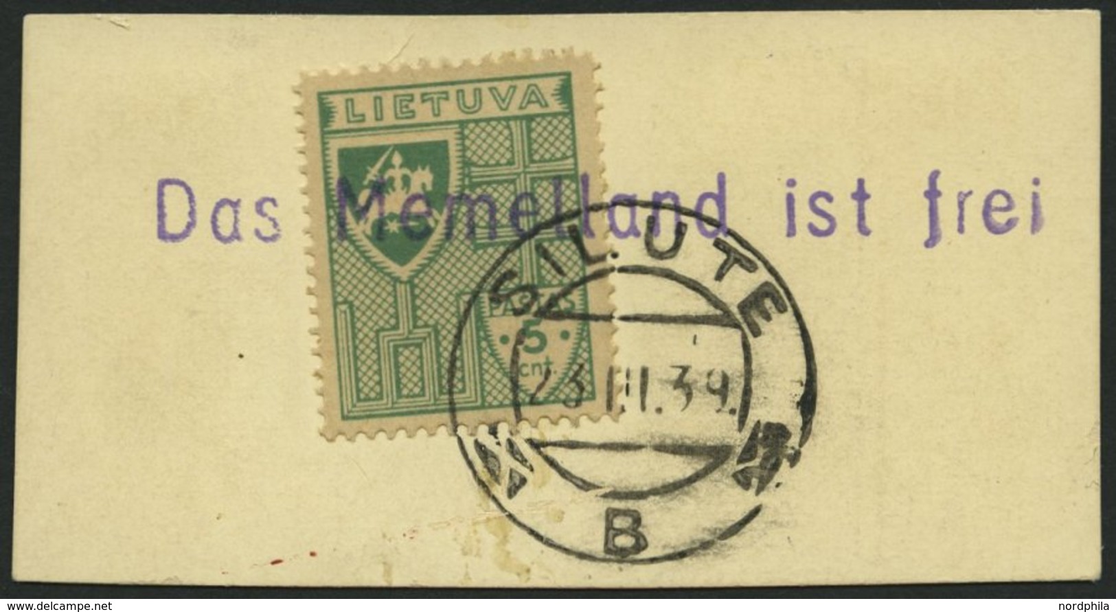 LITAUEN 409 BrfStk, 1939, 5 C. Grün Mit Stempel SILUTE Und Violettem L1 Das Memelland Ist Frei, Prachtbriefstück - Lituania