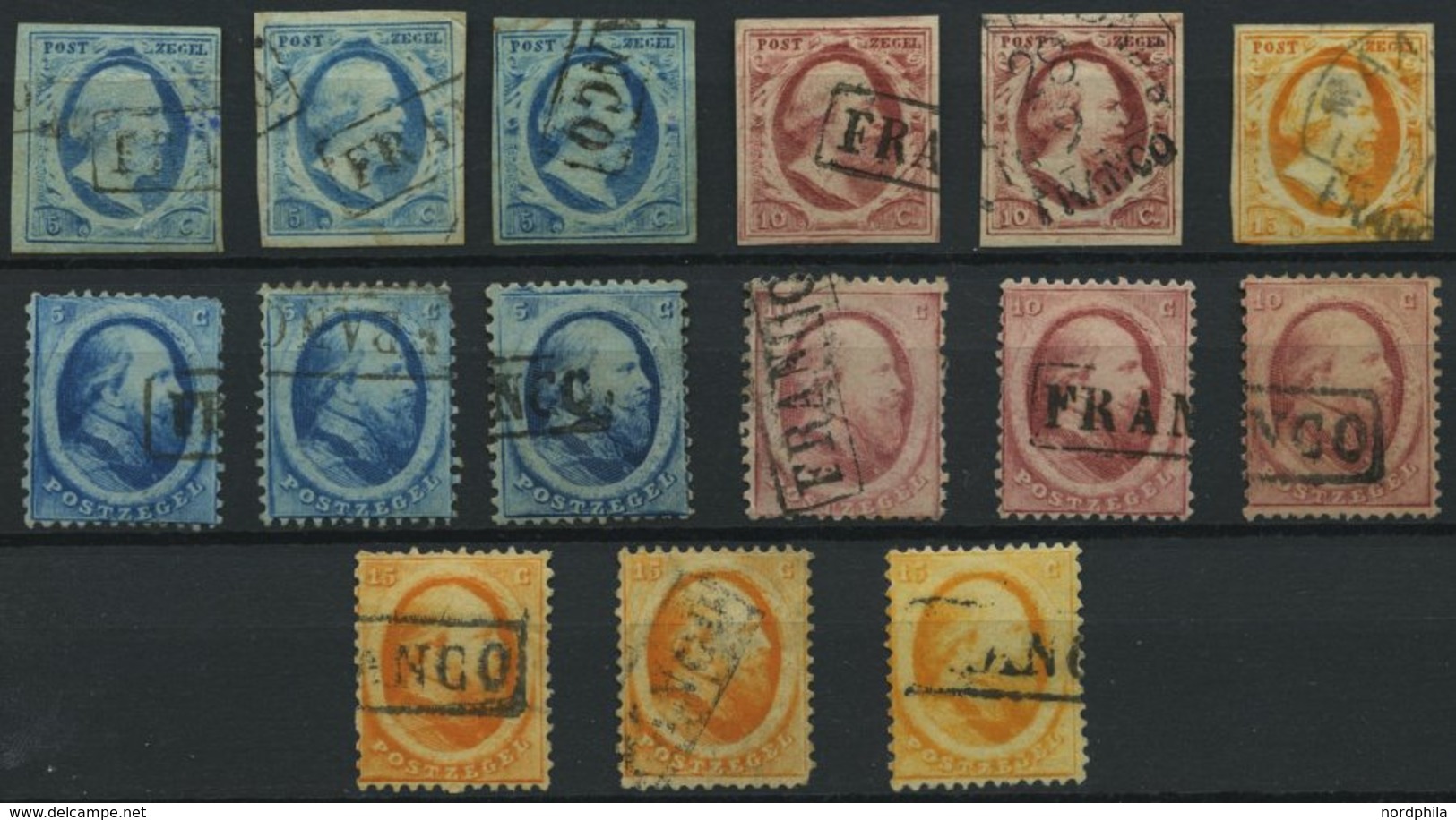 NIEDERLANDE 1-6 O, 1852/64, König Willem III, 15 Werte In Nuancen, Feinst/Pracht - Pays-Bas