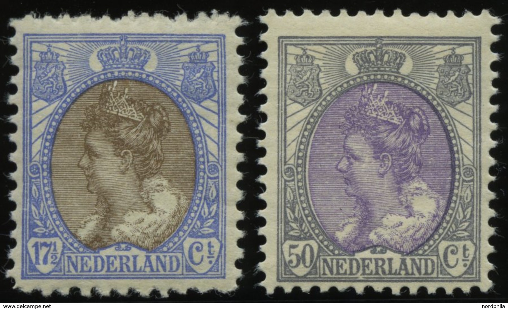 NIEDERLANDE 78D,80A *, 1914/20, 171/2 C. Ultramarin/blau, Gezähnt L 111/2 Und 50 C, Grau/violett, Gezähnt K 121/2, Falzr - Pays-Bas