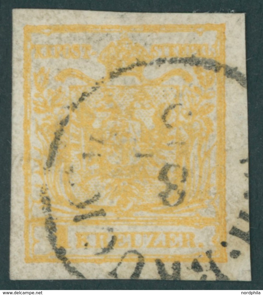 ÖSTERREICH BIS 1867 1Xaz O, 1850, 1 Kr. Ockergelb, Handpapier, Kartonpapier (0.14 Mm), K1 B:H:BRUCK, Pracht, Fotobefund  - Usati