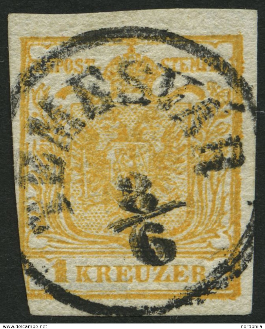 ÖSTERREICH 1Xb O, 1850, 1 Kr. Orange, Handpapier, Type I, Zentrischer K1 TEMESVAR, Links Unten Angeschnitten Sonst Prach - Usati