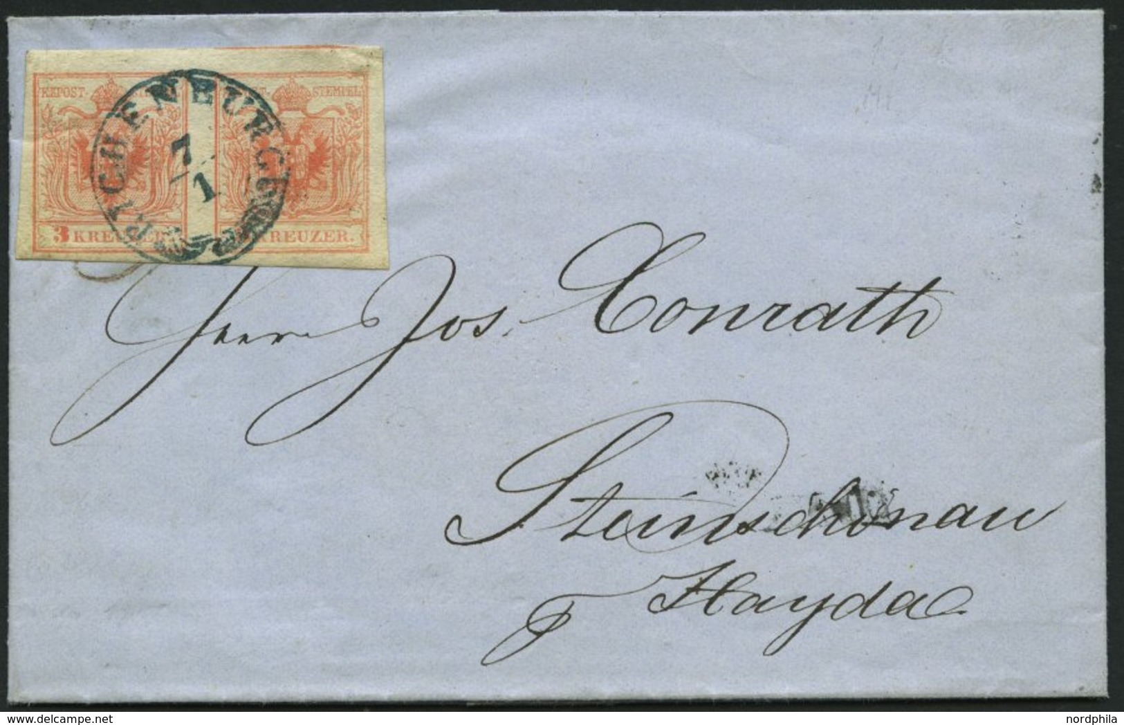 ÖSTERREICH 3Xa Paar BRIEF, 1855, 3 Kr. Rot, Handpapier, Type IIIa, Waagerechtes Breitrandiges Paar Auf Brief Mit Blauem  - Gebruikt