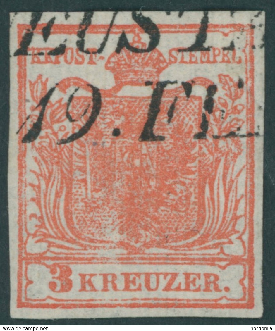 ÖSTERREICH BIS 1867 3XR O, 1850, 3 Kr. Karmin, Handpapier, Geripptes Papier, Mit Interessanter Farbauslassung Unten, Pra - Gebraucht