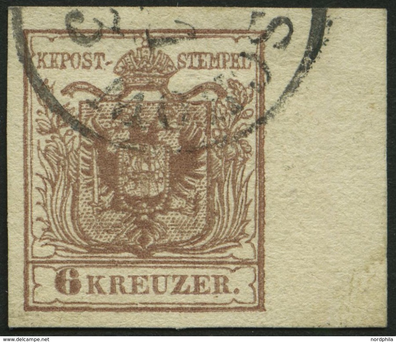 ÖSTERREICH 4Y O, 1854, 6 Kr. Braun, Maschinenpapier, Type III, Randstück Rechts 9 Mm, K1, Pracht - Gebraucht