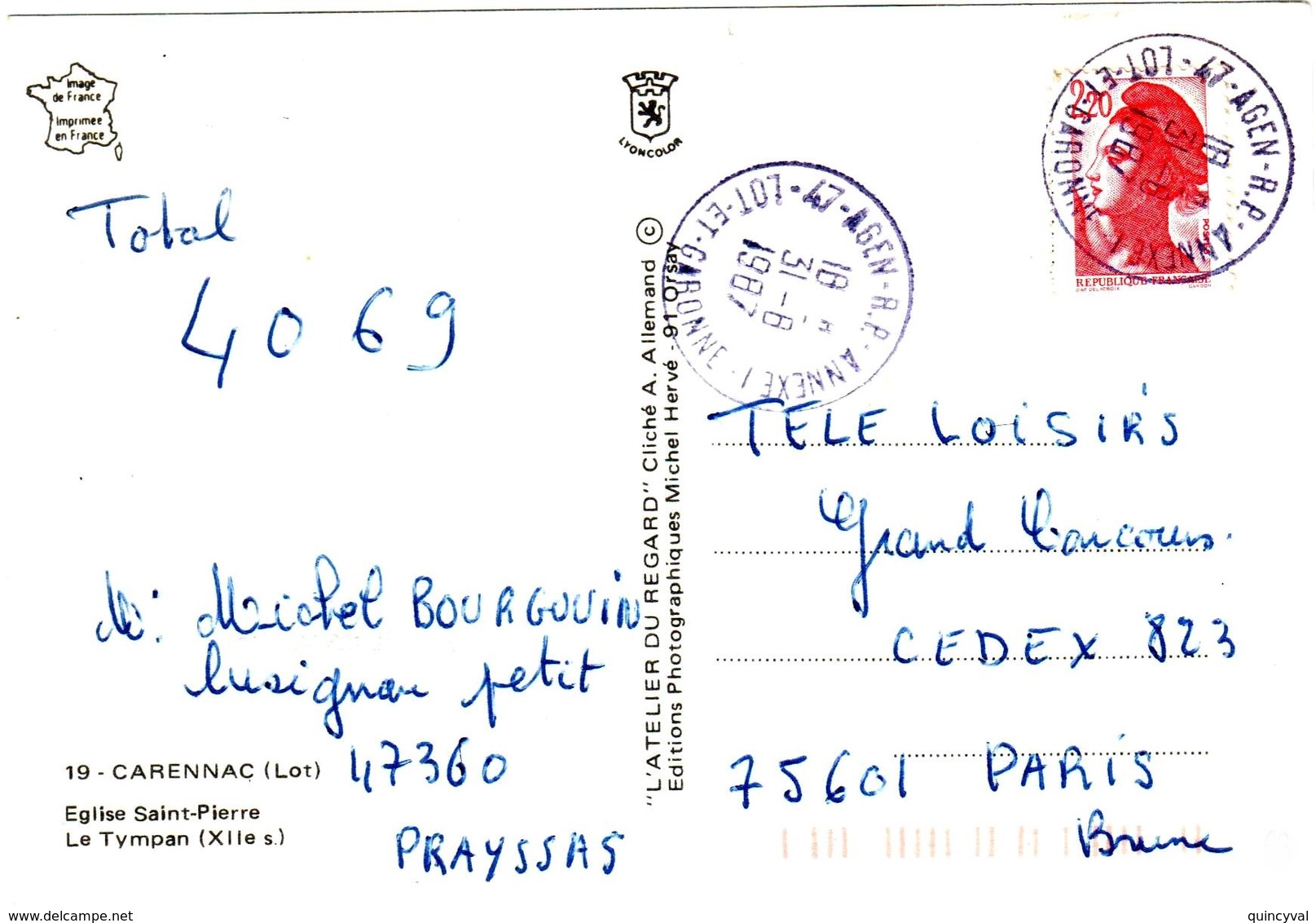 AGEN RP ANNEXE 1 Lot Et Garonne 47 Carte Postale Ob 31 8 1987 2,20 F Liberté Rouge Yv 2427 Timbre De Carnet - Covers & Documents