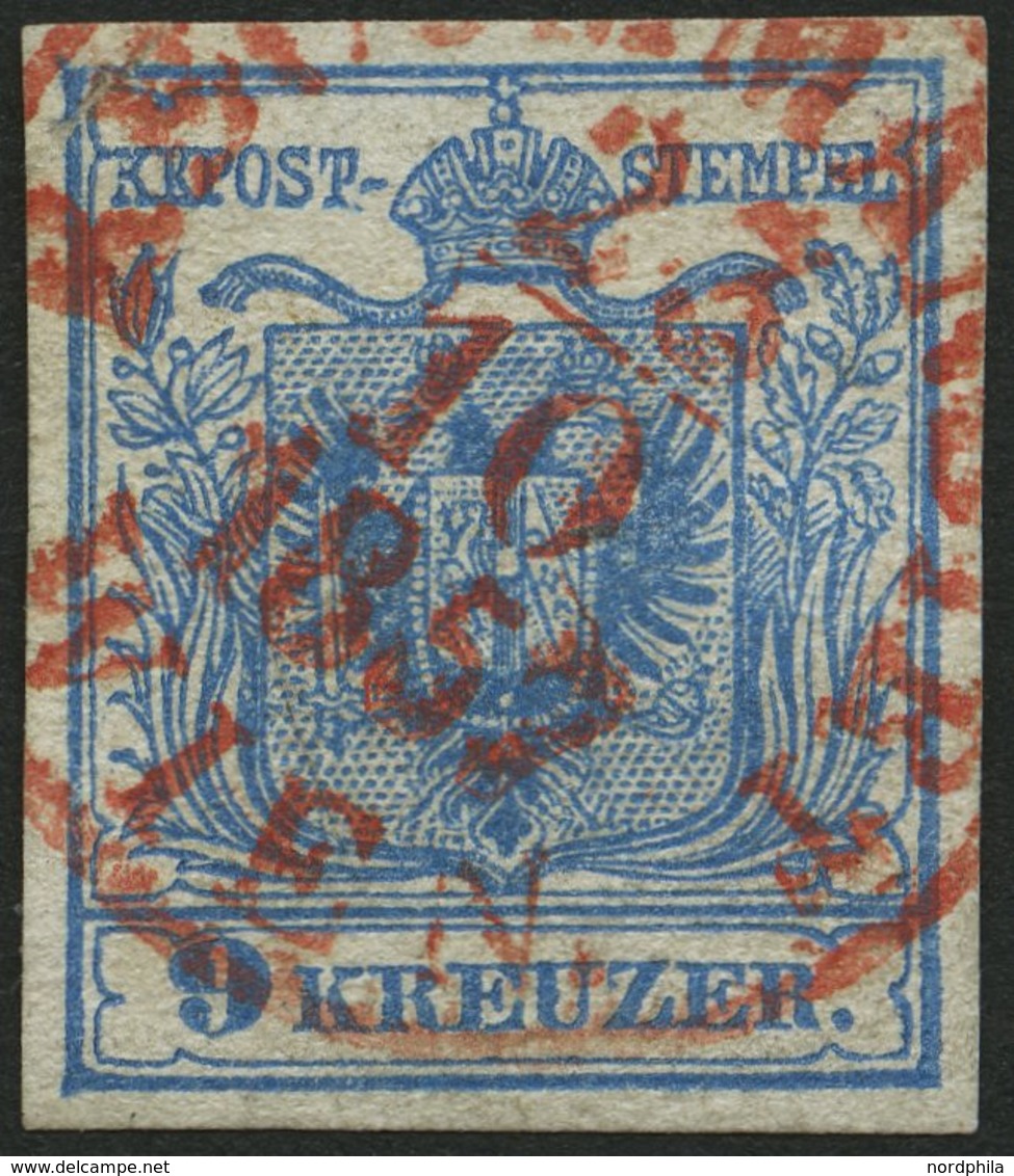 ÖSTERREICH 5Y O, 1854, 9 Kr. Blau, Maschinenpapier, Roter K1 Recommandirt WIEN 1857, Pracht - Gebraucht