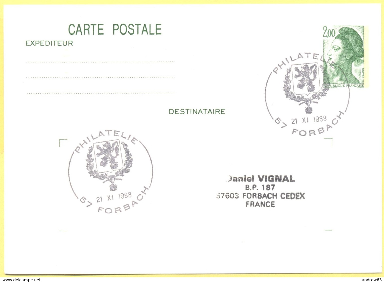 FRANCIA - France - 1988 - 2,00 Liberté De Gandon + Special Cancel Philatélie - Carte Postale - Intero Postale - Entier P - Postales Tipos Y (antes De 1995)